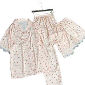 Primavera y verano nuevo encaje francés de encaje de manga corta dulce Floral niñas Casual y cómodo ropa de casa pijamas conjunto de tres piezas - Product Image 1