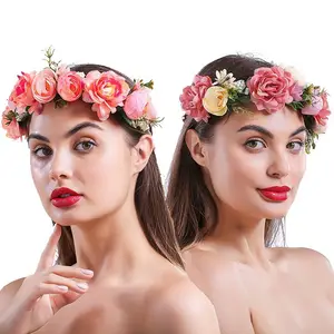 Tocado de flores rosa para mujer, accesorios para el cabello, diadema de flores mexicana