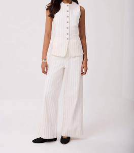 Jean droit blanc à fines rayures, taille mi-haute, coupe ample, en coton/polyester, résistant à la décoloration, lavable, style vintage, élégant et décontracté - Product Image 3