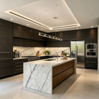 Armoires de cuisine en bois de noyer de qualité supérieure avec îlot central intégré pour projets personnalisés de luxe