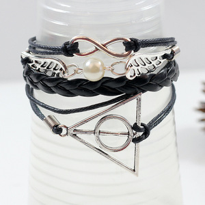 Fashion Charm <b>Bracelet</b> Black Leather <b>Infinity</b> Wings Geometric Design Tibetan Silver Multi-layered Stackable Jewelry - Product Image 4