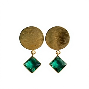 Antique <b>Gold</b> Plated Brass Drop <b>Earrings</b> With Green Crystal Princess Cut Geometric <b>Dangle</b> For Women Party Vintage Style - Product Image 1