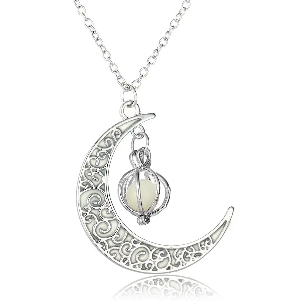 Women Halloween Glow In the Dark Pendant Necklaces Silver Plated Chain Long Night Moon Necklaces Jewelry Necklaces