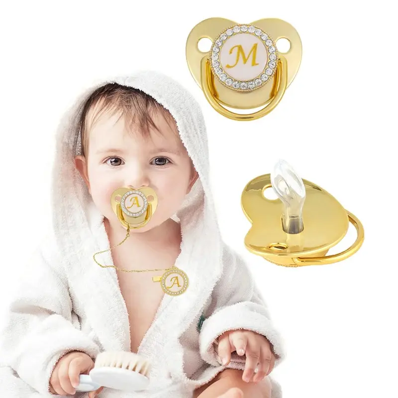 Nombre letra inicial bebé chupete Clips lujo oro Bling silicona chupete Rhinestone infantil pezón recién nacido maniquí