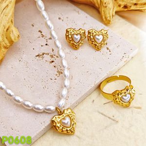 Perhiasan Grosir Lapis Emas 18K Baja Anti Karat <span class=keywords><strong>Set</strong></span> Perhiasan Anti Luntur Kalung Liontin Hati Mutiara Imitasi Cincin untuk Wanita - Product Image 1