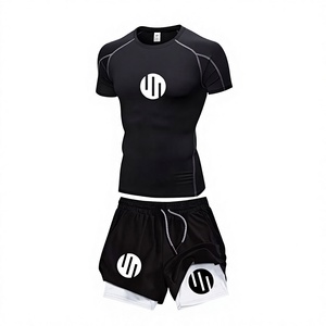 <b>Men's</b> Black <b>Compression</b> Rash Guard Short Sleeve Gym Workout Set Quick Dry Sports Kit with Purple Logo Print - Product Image 3
