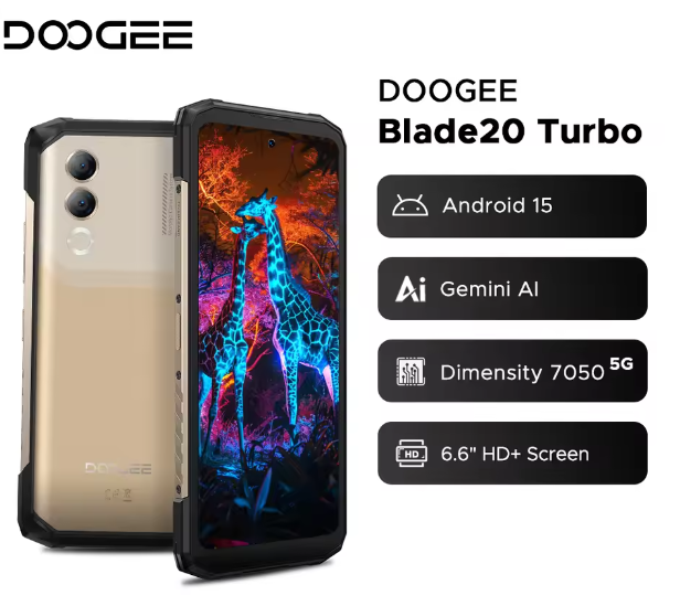 DOOGEE Blade20 Turbo 5G Rugged Phone Android 15 Gemini Al 6.6'' HD+ 8GB 256GB AI Dual Camera 10300mAh Battery