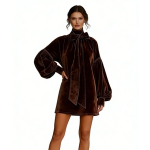 เดรสสั้นผ้ากำมะหยี่ลายสก็อตผูกโบว์สำหรับผู้หญิง - เดรสทรงหลวมแขนพองสไตล์ทูนิคแฟชั่นสำหรับผู้หญิง - Product Image 2