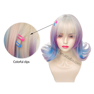 Peluca de Cosplay de Anime Corta y Rizada Rosa Intenso y Azul, Peluca Sintética de la Serie de Televisión Wednesday, Peluca de Enid Sinclair, la Chica Lobo, con Pasadores - Product Image 4