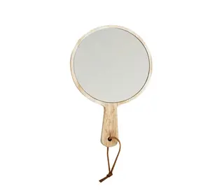 Manche en bois forme Ronde Miroir avec cordon En Cuir tenture Murale Décor À La Maison Miroir