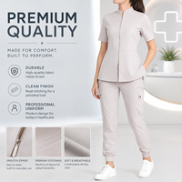 Ensemble uniforme de travail pour femme en coton antibactérien, comprenant un haut à col montant, fermeture éclair intégrale, manches courtes, style peplum et un pantalon jogger à poches, personnalisable