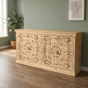 Solid Mango Wood Carved <b>Sideboard</b> with 4 Doors & Handcrafted Floral Panels | <b>Rustic</b> Indian Storage Cabinet - Product Image 3