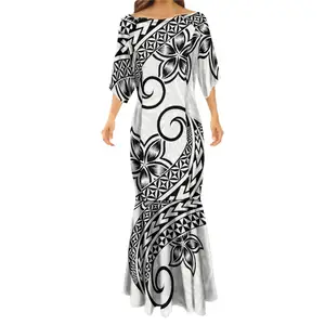 Custom Black White Plumeria Flower Print Polynesian Tribal Mermaid Dress Plus Size Fishtail Bridesmaid Evening Dress for Women