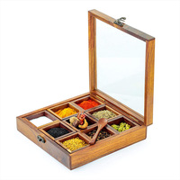 Boîte de rangement pour épices carrée en bambou durable et écologique, fabriquée à la main, avec 9 compartiments et couvercle en verre, accessoire de cuisine