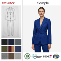Ensemble de costume de bureau pour femme en laine mélangée certifiée GRS, gris anthracite, avec ceinture, pantalon fluide taille haute et blazer sur mesure