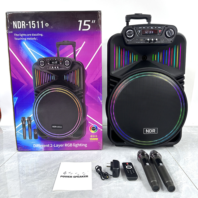 NDR-1511 15 Inch Wireless Blue-tooth Party Speaker Portable Subwoofer LED RGB Light Stage Super Bass Trolley Outdoor Speaker