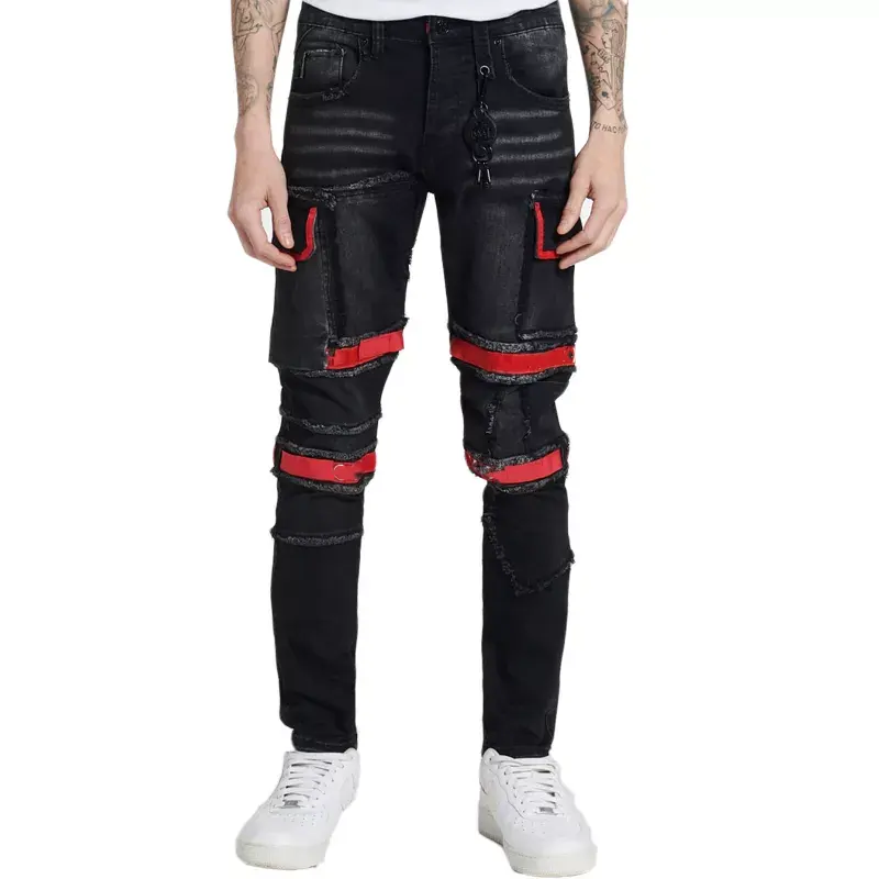 Neuestes Design Stretchy Herren Jeans Jeans Black Cargo 5 Taschen an den Seiten Gürtels ch laufen Herren Cargo Jeans