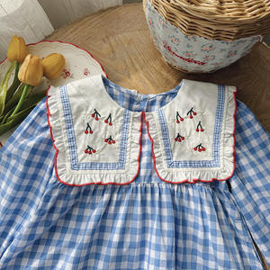 Vestido <span class=keywords><strong>Infantil</strong></span> de Otoño 2025, Estilo Coreano, con Bordado de Cerezas a Cuadros, Manga Abullonada, Manga Larga, Dulce - Product Image 4