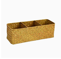 Boîte de rangement de bureau compartimentée en jonc de mer tressé vintage, organisateur d'objets divers, panier pour télécommandes et cosmétiques, naturel