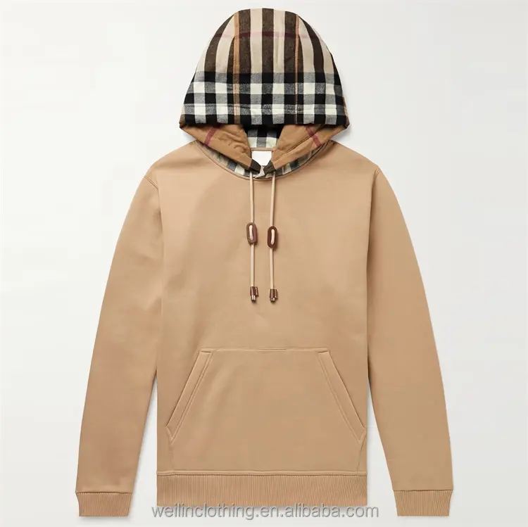 Custom terry cotton blank checked hood pullover hoodie for men