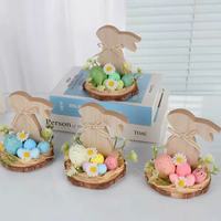 Décorations de table modernes en bois en forme de lapin avec fleurs artificielles et œufs de Pâques simulés pour les fêtes