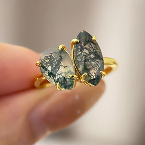 Anillo Ajustable de Latón Clásico de Lujo con Piedra de Ágata Musgosa, Chapado en Oro de 18K, Personalizado para Mujer, Regalo de Aniversario - Product Image 3