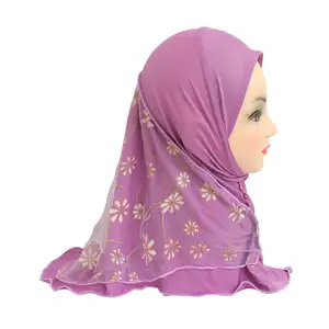 Venda quente nova menina de 2 a 7 anos hijabs padrão de flores crianças hijab para crianças lenço de proteção solar muçulmano hijabs instantâneos