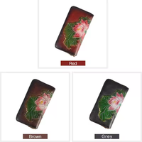 Dompet kulit asli wanita, dompet panjang kulit sapi timbul bunga, slot kartu, tas genggam koin uang