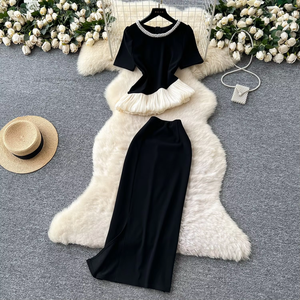 Women's Haute Summer Beaded Round Neck Irregular Short Sleeve Top High Waisted Wrap Hip <b>Skirt</b> 2 Piece Set Fashion - Product Image 1