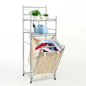 Double Layer <b>Laundry</b> Basket Canvas Storage Rack <b>Standing</b> Type Home Clothing Organizer Minimalist Design Durable Rectangle Shape - Product Image 1
