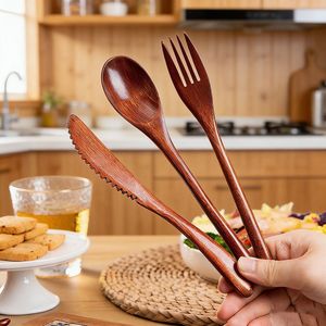 Wooden Spoon Fork <b>Knife</b> Set Japanese Style Eco Friendly Dessert Utensils Solid Color Hand Wash Only - Product Image 1