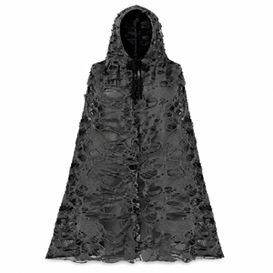 Mantello Gotico con Cappuccio Effetto Vissuto per Donna, Grigio Scuro Sfilacciato, per Halloween, Cosplay TV/Film, con Nappe e Laccetti, in Rete Traspirante - Product Image 2