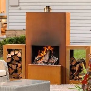 Wood Burning Corten Steel Freestanding Outdoor Fireplace With Wheels