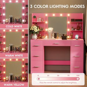 LED lighting mirror, power socket, 3 model lights, 7 drawers, 6 bedroom <b>storage</b> shelves, <b>dressing</b> <b>table</b> - Product Image 4