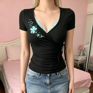 Vintage Retro Colorblock Floral Embroidery Sequins V Neck Tee Pure Sexy Flattering Waist Tie Lace Trim <b>Top</b> - Product Image 4