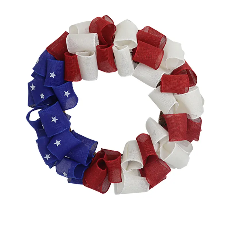 4th July Independence Day Wreath For Front Door for America Patriotic Flag Burlap Wreath on Grapevine