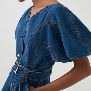 Vestido vaquero mini <span class=keywords><strong>de</strong></span> <span class=keywords><strong>mujer</strong></span> con diseño personalizado, nuevo, <span class=keywords><strong>de</strong></span> verano, con botones frontales, cuello en V, corte A, informal, lavado, azul. - Product Image 5