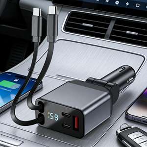Cargador de coche retráctil, adaptador de cargador de teléfono de 100W, súper rápido, con cables retráctiles duales, cargador de coche PD QC USB de 60W - Product Image 1
