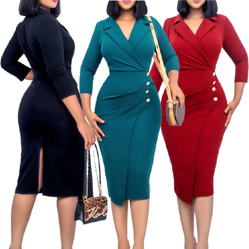 2022 Latest Design Plus Size Long Sleeve Solid Color Elegant Tight Pencil Career Dresses Women Ladies Formal Dresses