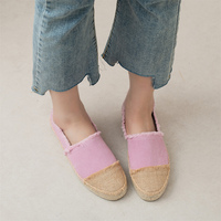 Sepatu Espadrilles Wanita Terbaru Warna Pink, Model Mules Kanvas Berumbai, Desain Tertutup, Slip On, Platform Anyaman Jute, Cocok untuk Musim Panas