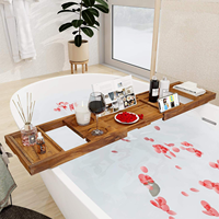 Plateau de bain pliable de luxe en teck avec poignées extensibles, porte-verre à vin et support pour téléphone, et porte-livre