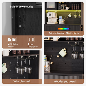 Living Room Coffee Bar <b>Cabinet</b> with Charging Station and Shelves, Buffet Trash Can Enclosure & Wine Glasses Rack - Product Image 4