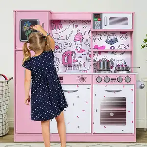 Set mainan dapur untuk anak, set mainan dapur kayu tegak dengan kompor, kulkas dan aksesori, untuk balita usia 3 + tahun, putih & abu-abu