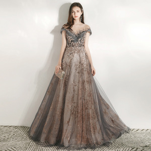 Off The Shoulder Evening Gown Gray Champagne Pink Mauve Ball Gown Floral Print 3D Stereoscopic Patterns Natural Waistline - Product Image 2