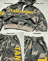 Grosir OEM Pakaian Olahraga Dua Potong Ramah Lingkungan Motif Kamuflase Acid Wash dengan Logo Kustom, Sweater Berkerudung dan Celana Kaki Lebar untuk Musim Gugur