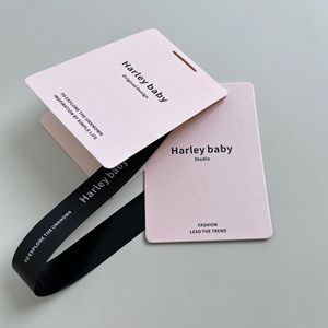 Opack tùy chỉnh sang trọng gấp màu hồng hangtag may giấy <span class=keywords><strong>Swing</strong></span> Logo tag với chuỗi Logo - Product Image 3