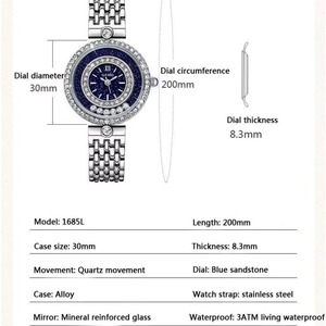 Montre élégante pour femme en pierre de grès bleue de luxe personnalisée, bracelet en acier, étanche, avec strass, mouvement à quartz, 30 mm, vente en gros - Product Image 6