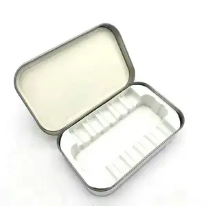 OEM flachplatte hingebeinschutz-zinnbox mit PLA-Einsatz für 10 Packungen Mini-Vorrollen Metallbehälterverpackung