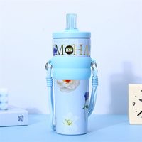 Bouteille d'eau isotherme classique en acier inoxydable de 710 ml avec paille, motif fleur rose, tasse thermos pour café, idéale pour le bureau