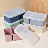 Boîte à lunch bento rectangulaire en silicone avec logo personnalisé, 2 compartiments, étanche, portable, compatible micro-ondes, pour étudiants